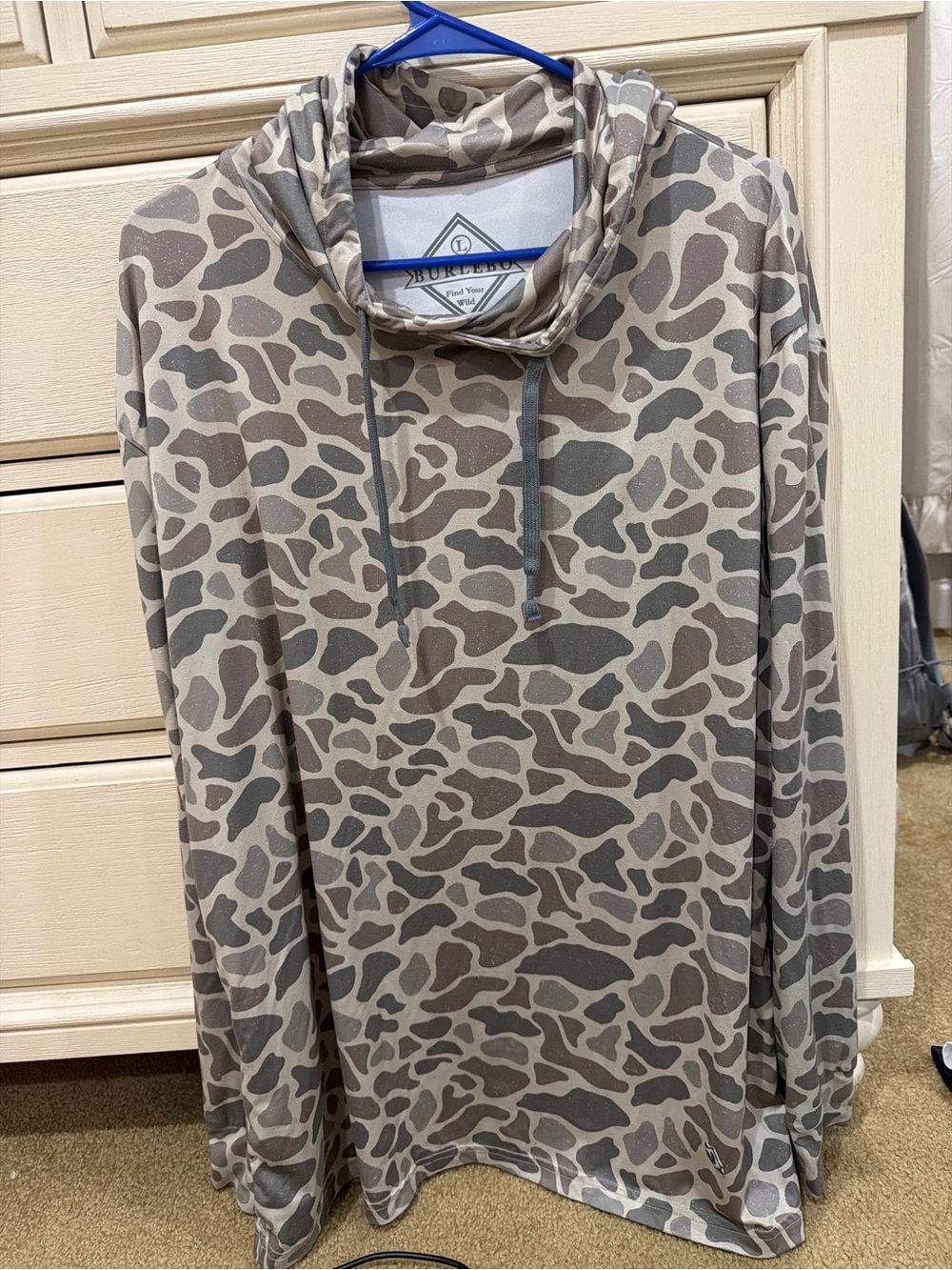 BURLEBO Men's Cowl Neck Hoodie in Gray and Taupe Camo